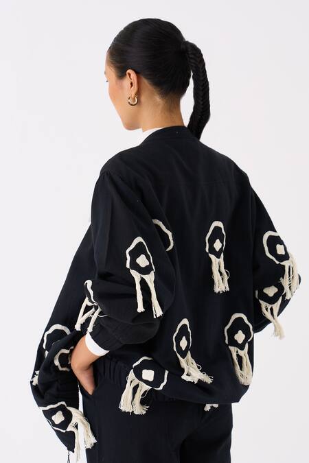 Shop Three Black Handloom Cotton Embroidery Fringes Open Neck Abstract Jacket With Pant Online at Aza Fashions Shop_Three_Black Handloom Cotton Embroidery Fringes Open Neck Abstract Jacket With Pant _Online_at_Aza_Fashions