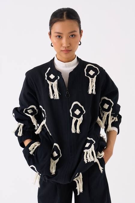 Three Black Handloom Cotton Embroidery Fringes Open Neck Abstract Jacket With Pant at Aza Fashions Three_Black Handloom Cotton Embroidery Fringes Open Neck Abstract Jacket With Pant _at_Aza_Fashions