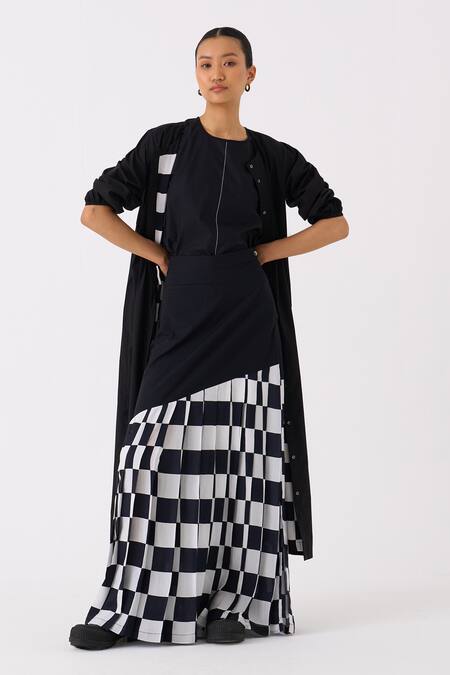 Three_Black Jacket  Poplin Chequered Top Round And Pattern Skirt Set _Online_at_Aza_Fashions