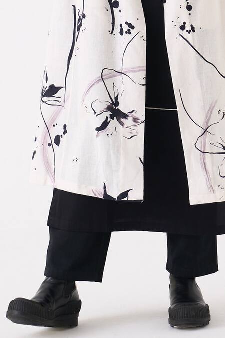 Buy_Three_Black Handloom Cotton Printed Jacket Floral Front Open Overlay And Pant Set _Online_at_Aza_Fashions
