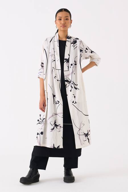 Shop_Three_Black Handloom Cotton Printed Jacket Floral Front Open Overlay And Pant Set _Online_at_Aza_Fashions