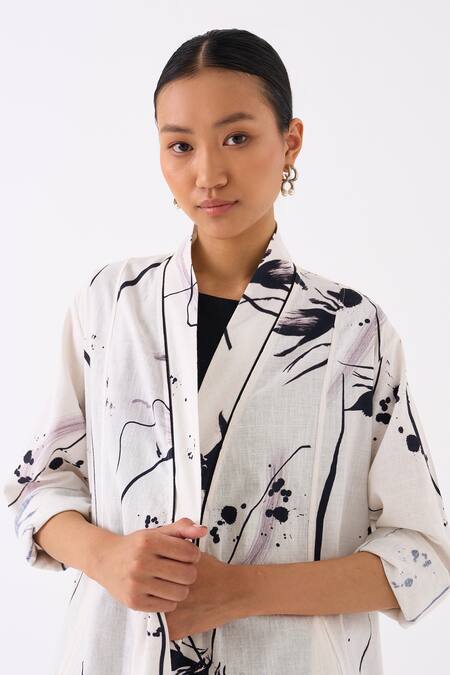 Three_Black Handloom Cotton Printed Jacket Floral Front Open Overlay And Pant Set _at_Aza_Fashions