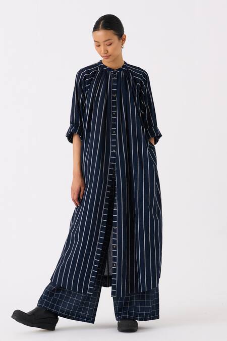 Three_Black Mul Print Stripe Round Collar Long Tunic With Broad Pant_Online_at_Aza_Fashions