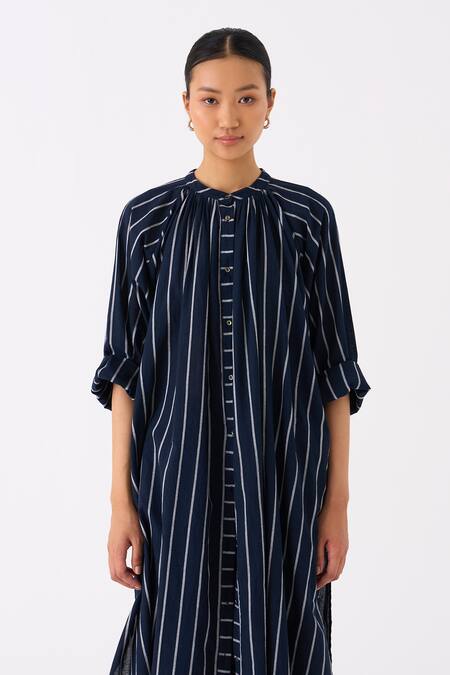 Shop_Three_Black Mul Print Stripe Round Collar Long Tunic With Broad Pant_Online_at_Aza_Fashions
