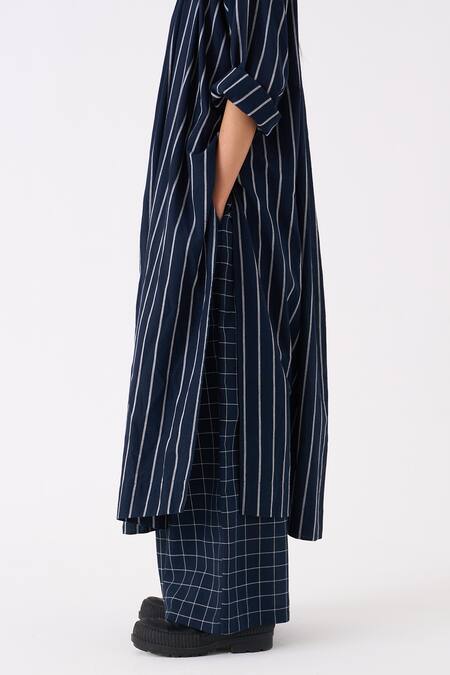 Three_Black Mul Print Stripe Round Collar Long Tunic With Broad Pant_at_Aza_Fashions