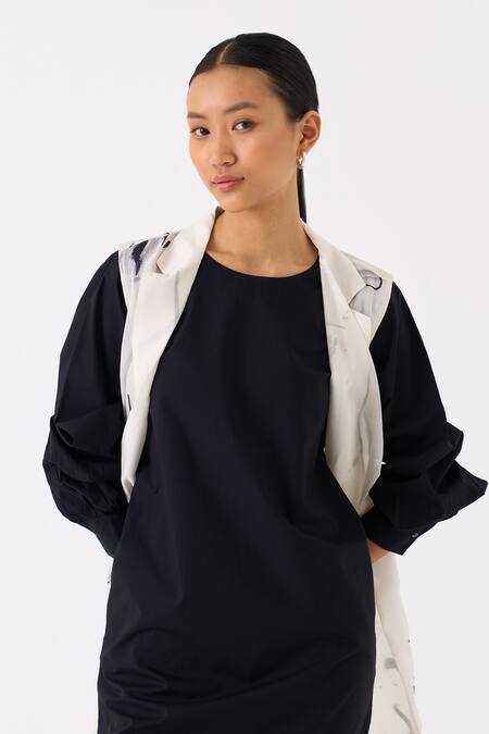 Three_Black  Organza Printed Abstract Round With Dress _at_Aza_Fashions