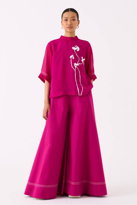 THREE_Pink Organza Print Floral Round Collar Top _Online_at_Aza_Fashions