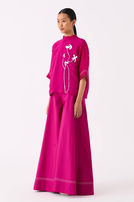 Buy_THREE_Pink Organza Print Floral Round Collar Top _Online_at_Aza_Fashions