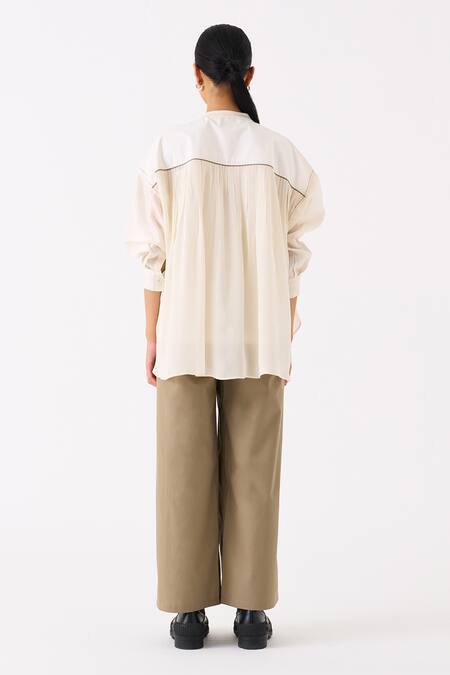 Shop_Three_Ivory Chanderi Pintuck Round Collar Structured Top _at_Aza_Fashions