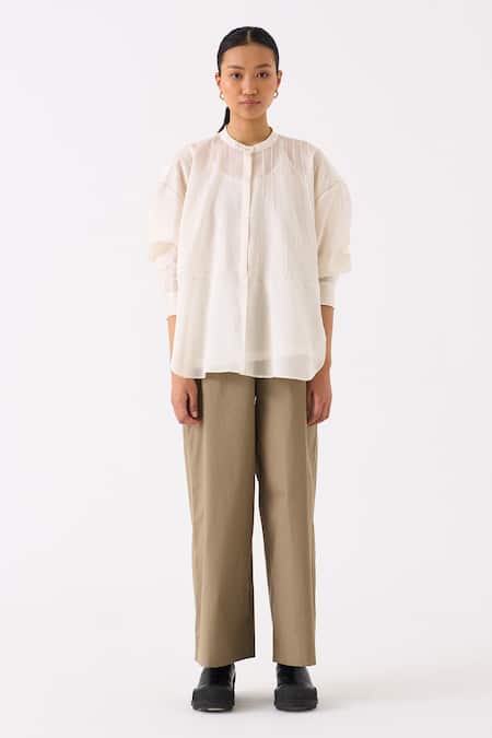 Three_Ivory Chanderi Pintuck Round Collar Structured Top _Online_at_Aza_Fashions
