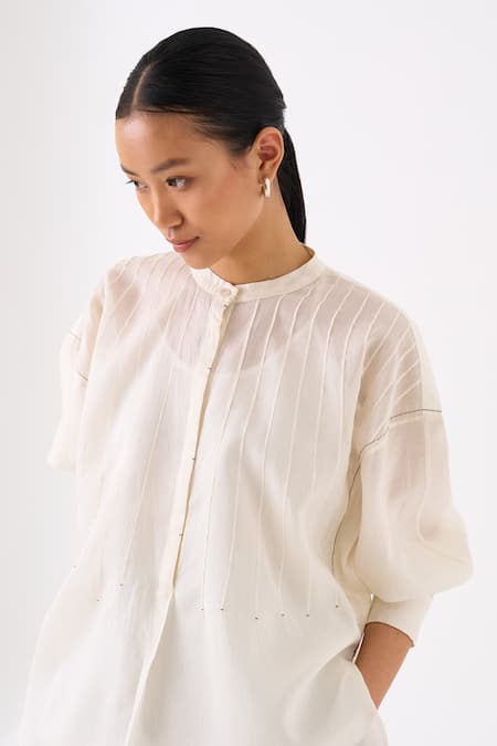 Three_Ivory Chanderi Pintuck Round Collar Structured Top _at_Aza_Fashions