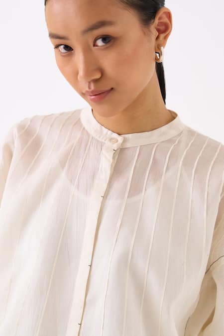 Buy_Three_Ivory Chanderi Pintuck Round Collar Structured Top 