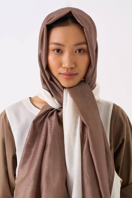 Shop_Three_Ivory Embroidered Square Color Blocked Scarf _at_Aza_Fashions