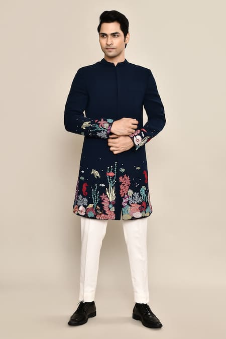 Arihant Rai Sinha Blue Suede, Cotton Embroidery Marine Life Achkan Set 