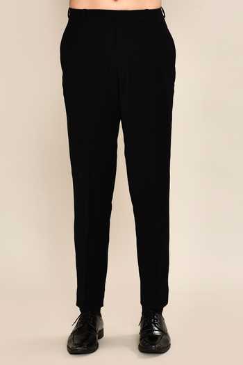 Kalpana Naik_Black Suede, Wool Embroidery Confetti Asymmetric Bandhgala With Trouser _Online_at_Aza_Fashions