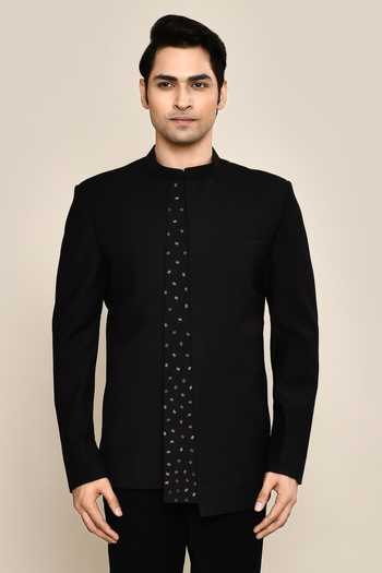 Buy_Kalpana Naik_Black Suede, Wool Embroidery Confetti Asymmetric Bandhgala With Trouser _Online_at_Aza_Fashions