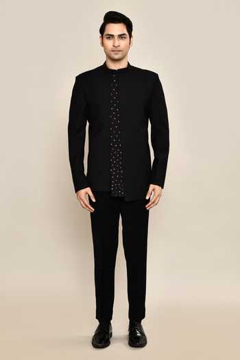 Shop_Kalpana Naik_Black Suede, Wool Embroidery Confetti Asymmetric Bandhgala With Trouser _Online_at_Aza_Fashions