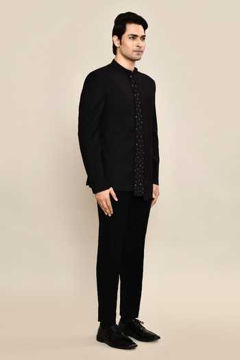 Kalpana Naik_Black Suede, Wool Embroidery Confetti Asymmetric Bandhgala With Trouser _at_Aza_Fashions