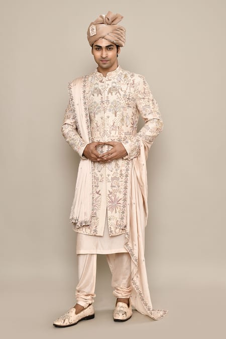 Aryavir Malhotra Pink Bamberg Raw Silk Embroidery Zardozi Bridal Carriage Sherwani Set 