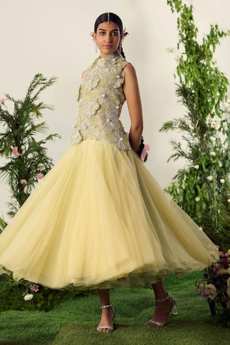 Payal & Zinal Yellow Tulle Embroidery Cutwork High 3d Carina Fleur Embellished Midi Dress 