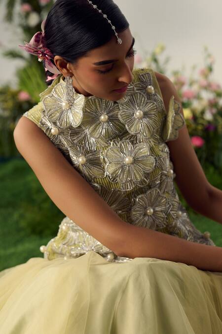 Payal & Zinal Yellow Organza, Tulle Beads, 3d Carina Cutwork Fleur Embellished Midi Dress Online at Aza Fashions Payal & Zinal_Yellow Organza, Tulle Beads, 3d Carina Cutwork Fleur Embellished Midi Dress _Online_at_Aza_Fashions
