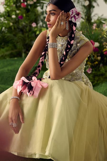 Buy Payal & Zinal Yellow Organza, Tulle Beads, 3d Carina Cutwork Fleur Embellished Midi Dress Online at Aza Fashions Buy_Payal & Zinal_Yellow Organza, Tulle Beads, 3d Carina Cutwork Fleur Embellished Midi Dress _Online_at_Aza_Fashions