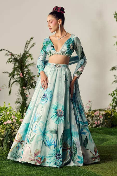 Payal & Zinal Blue Tissue Organza Print Lily Garden Plunging V Neck Embellished Lehenga Set 