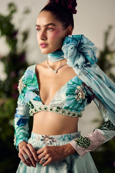 Payal & Zinal_Blue Tissue, Organza Crystals, Pearls, Lily Garden Print Embellished Lehenga Set _Online_at_Aza_Fashions