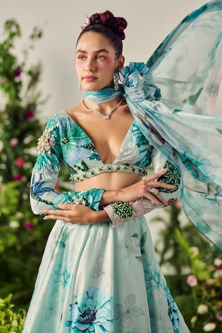Buy_Payal & Zinal_Blue Tissue, Organza Crystals, Pearls, Lily Garden Print Embellished Lehenga Set _Online_at_Aza_Fashions