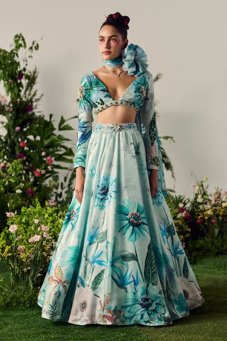 Shop_Payal & Zinal_Blue Tissue, Organza Crystals, Pearls, Lily Garden Print Embellished Lehenga Set _Online_at_Aza_Fashions