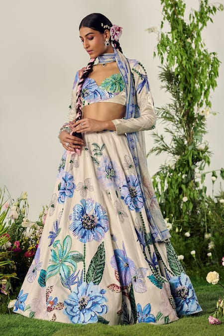 Payal & Zinal Ivory Velvet Print Bluebell Gardenia Sweetheart Neck Embellished Lehenga Set 