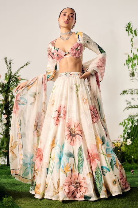 Payal & Zinal White Tissue Organza Print Petunia Garden Sweetheart Embellished Lehenga Set 