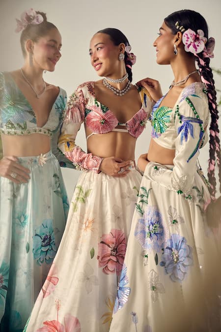 Payal & Zinal White Tissue, Organza Crystals, Petunia Garden Print Embellished Lehenga Set Online at Aza Fashions Payal & Zinal_White Tissue, Organza Crystals, Petunia Garden Print Embellished Lehenga Set _Online_at_Aza_Fashions