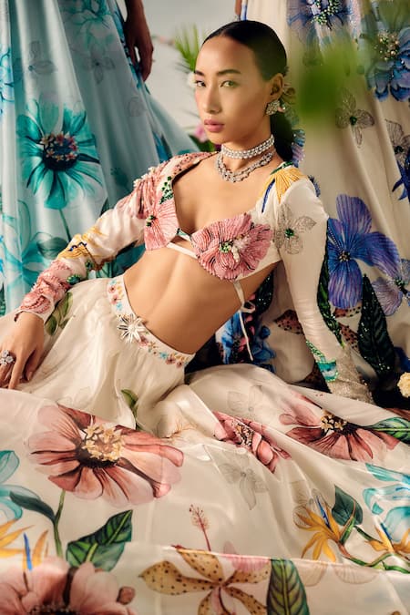 Buy Payal & Zinal White Tissue, Organza Crystals, Petunia Garden Print Embellished Lehenga Set Online at Aza Fashions Buy_Payal & Zinal_White Tissue, Organza Crystals, Petunia Garden Print Embellished Lehenga Set _Online_at_Aza_Fashions