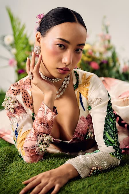 Shop Payal & Zinal White Tissue, Organza Crystals, Petunia Garden Print Embellished Lehenga Set Online at Aza Fashions Shop_Payal & Zinal_White Tissue, Organza Crystals, Petunia Garden Print Embellished Lehenga Set _Online_at_Aza_Fashions