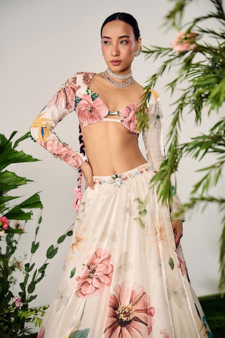 Buy Payal & Zinal White Tissue, Organza Crystals, Petunia Garden Print Embellished Lehenga Set Buy_Payal & Zinal_White Tissue, Organza Crystals, Petunia Garden Print Embellished Lehenga Set