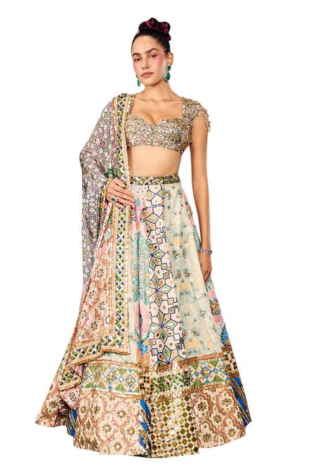 Payal & Zinal_Multi Color Velvet, Organza Sequins, Mosaic Fleur Print Embellished Lehenga Set _Online_at_Aza_Fashions