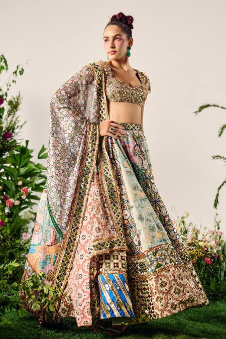 Shop_Payal & Zinal_Multi Color Velvet, Organza Sequins, Mosaic Fleur Print Embellished Lehenga Set _Online_at_Aza_Fashions