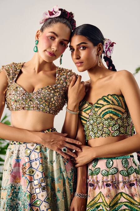 Shop_Payal & Zinal_Multi Color Velvet, Organza Sequins, Mosaic Fleur Print Embellished Lehenga Set 