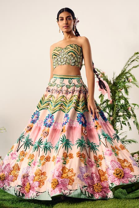 Payal & Zinal Multi Color Velvet Print Tropical And Embellished Lehenga With Corset Blouse 