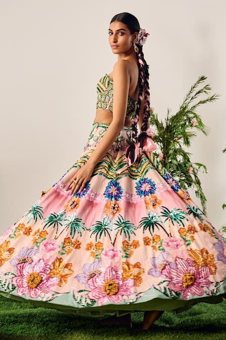 Shop Payal & Zinal Multi Color Velvet Tropical Bloom Print And Embellished Lehenga With Corset Blouse Shop_Payal & Zinal_Multi Color Velvet Tropical Bloom Print And Embellished Lehenga With Corset Blouse