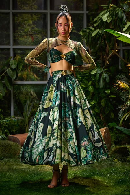 Payal & Zinal Green Georgette Print Tropical Forest High Neck Lehenga With Cutout Blouse 