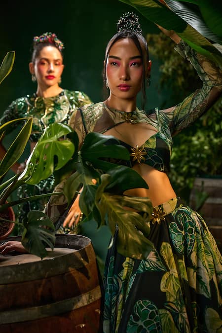 Buy_Payal & Zinal_Green Georgette, Net Embroidery Tropical Forest Print Lehenga With Cutout Blouse _Online_at_Aza_Fashions