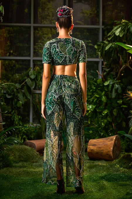 Shop Payal & Zinal Green Tulle Sequins, Pearls, Tropical Lush Print And Embellished Blouse With Pant at Aza Fashions Shop_Payal & Zinal_Green Tulle Sequins, Pearls, Tropical Lush Print And Embellished Blouse With Pant _at_Aza_Fashions