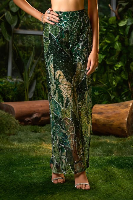 Payal & Zinal Green Tulle Sequins, Pearls, Tropical Lush Print And Embellished Blouse With Pant Online at Aza Fashions Payal & Zinal_Green Tulle Sequins, Pearls, Tropical Lush Print And Embellished Blouse With Pant _Online_at_Aza_Fashions