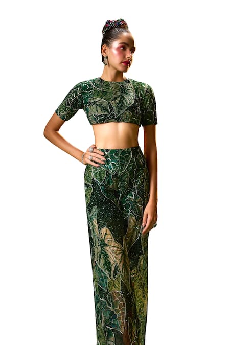 Buy Payal & Zinal Green Tulle Sequins, Pearls, Tropical Lush Print And Embellished Blouse With Pant Online at Aza Fashions Buy_Payal & Zinal_Green Tulle Sequins, Pearls, Tropical Lush Print And Embellished Blouse With Pant _Online_at_Aza_Fashions