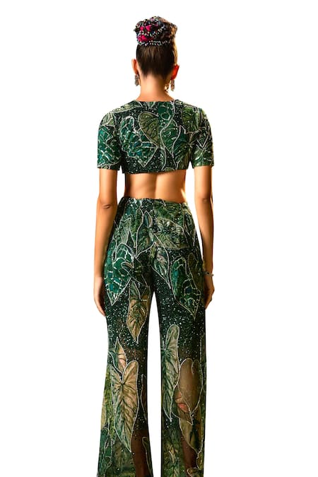 Shop Payal & Zinal Green Tulle Sequins, Pearls, Tropical Lush Print And Embellished Blouse With Pant Online at Aza Fashions Shop_Payal & Zinal_Green Tulle Sequins, Pearls, Tropical Lush Print And Embellished Blouse With Pant _Online_at_Aza_Fashions
