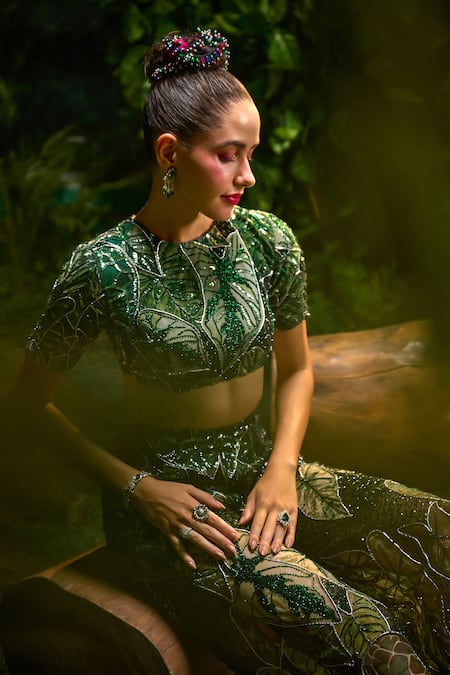 Payal & Zinal Green Tulle Sequins, Pearls, Tropical Lush Print And Embellished Blouse With Pant at Aza Fashions Payal & Zinal_Green Tulle Sequins, Pearls, Tropical Lush Print And Embellished Blouse With Pant _at_Aza_Fashions