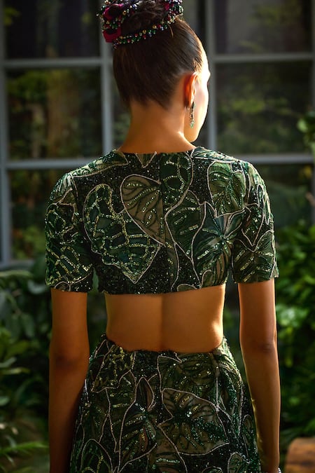 Buy Payal & Zinal Green Tulle Sequins, Pearls, Tropical Lush Print And Embellished Blouse With Pant Buy_Payal & Zinal_Green Tulle Sequins, Pearls, Tropical Lush Print And Embellished Blouse With Pant