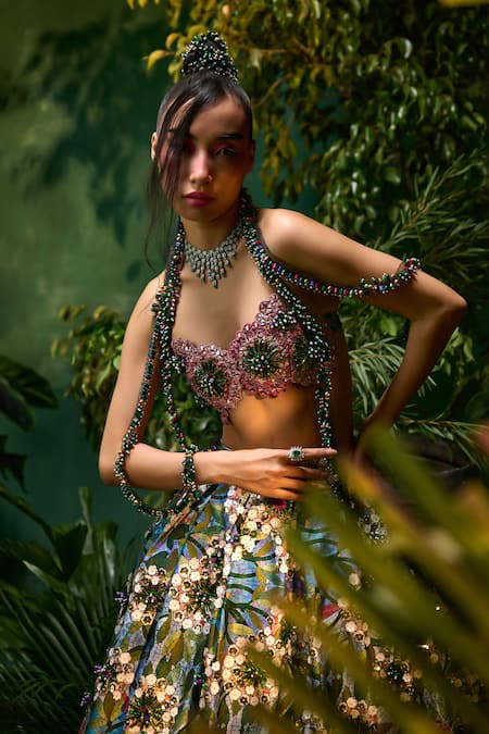 Buy_Payal & Zinal_Multi Color Twill Pearls, Carnival Bloom Print And Embellished Lehenga With Blouse _Online_at_Aza_Fashions